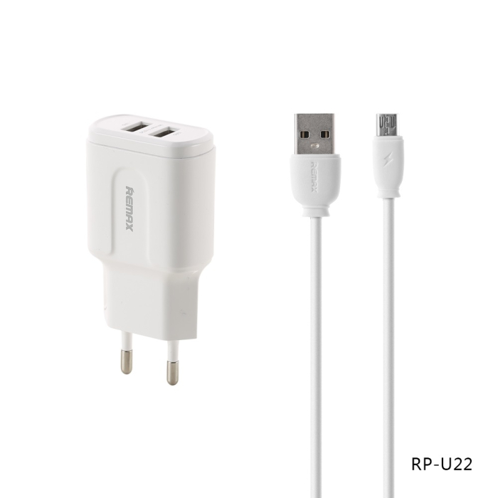 Снимка на Домашно Зарядно COMBO Series, Комплект с Micro USB 1м. Кабел, USB 3.0 2.4A REMAX RP-U22m